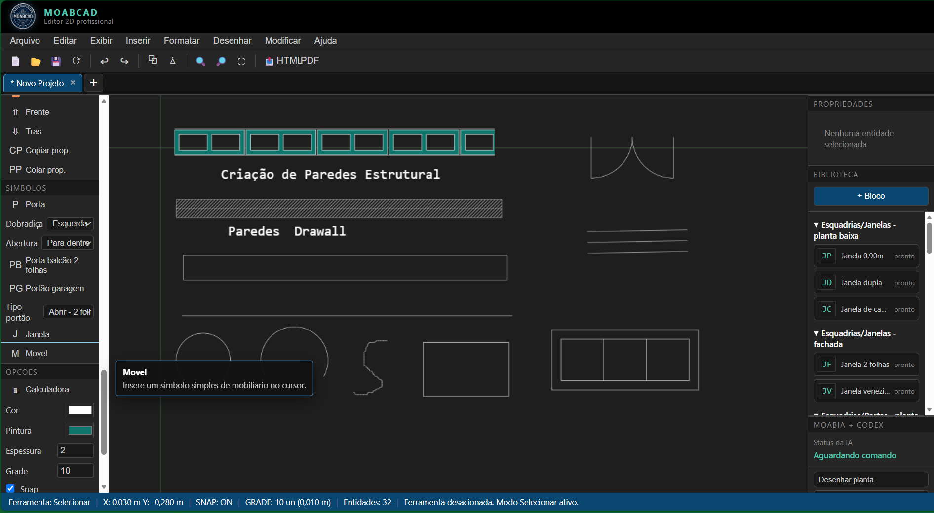 Interface do MOABCAD 2026 mostrando criação de paredes estruturais, janelas, portas e mobiliário em projeto técnico profissional.