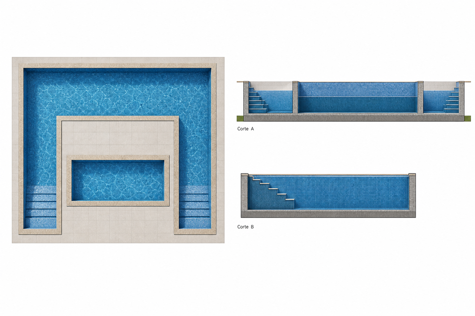 Projeto de piscina com planta e cortes renderizados, mostrando o potencial da MOABIA na apresentação de desenhos técnicos.