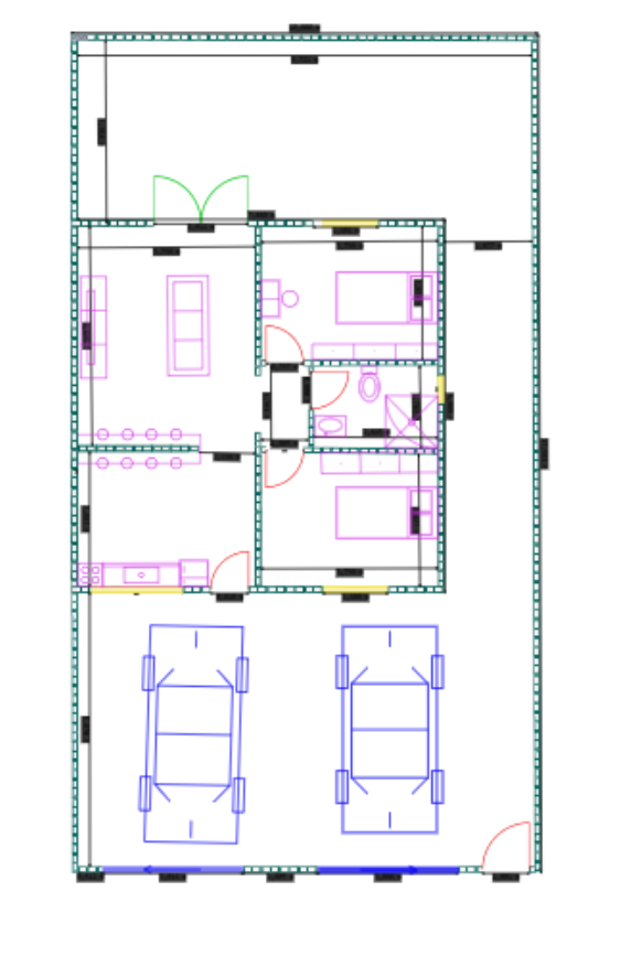 Planta residencial ilustrando como o MOABCAD organiza paredes, portas, ambientes e mobiliário em um desenho técnico completo.